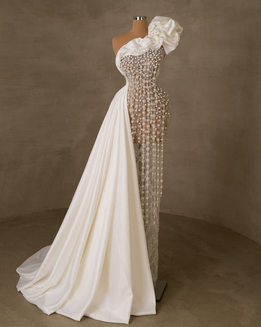 Mozenia Bridal Dress Embellished with Pearls - BLINI