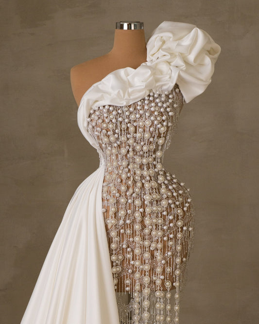 Mozenia Bridal Dress Embellished with Pearls - BLINI