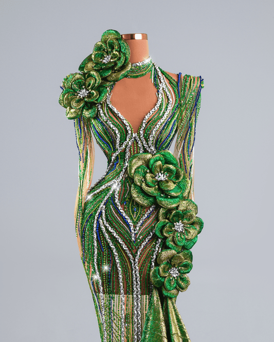 Muele Metallic Green Long Dress with Side Cape - BLINI