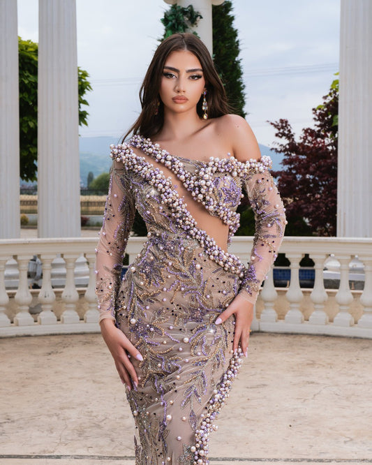 Nadine Purple Dress with Beads and Cut - Outs - BLINI