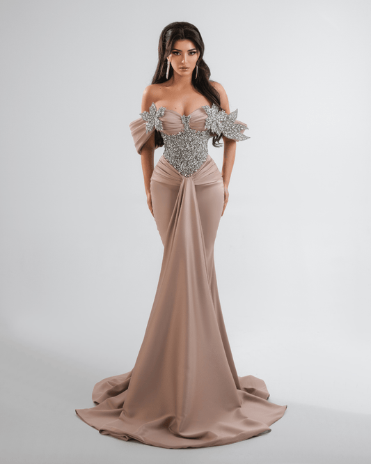 Naele Nude Long Dress with Crystals and Cape - BLINI