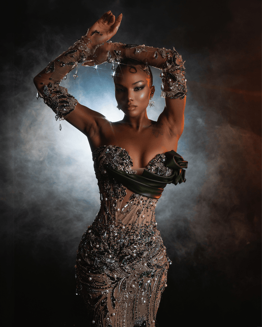 Naria Nude Dress with Crystals and Metallic Leather - BLINI