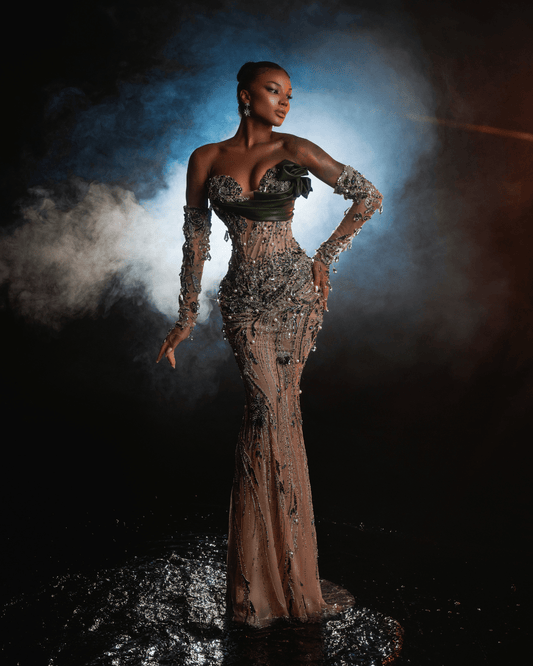 Naria Nude Dress with Crystals and Metallic Leather - BLINI