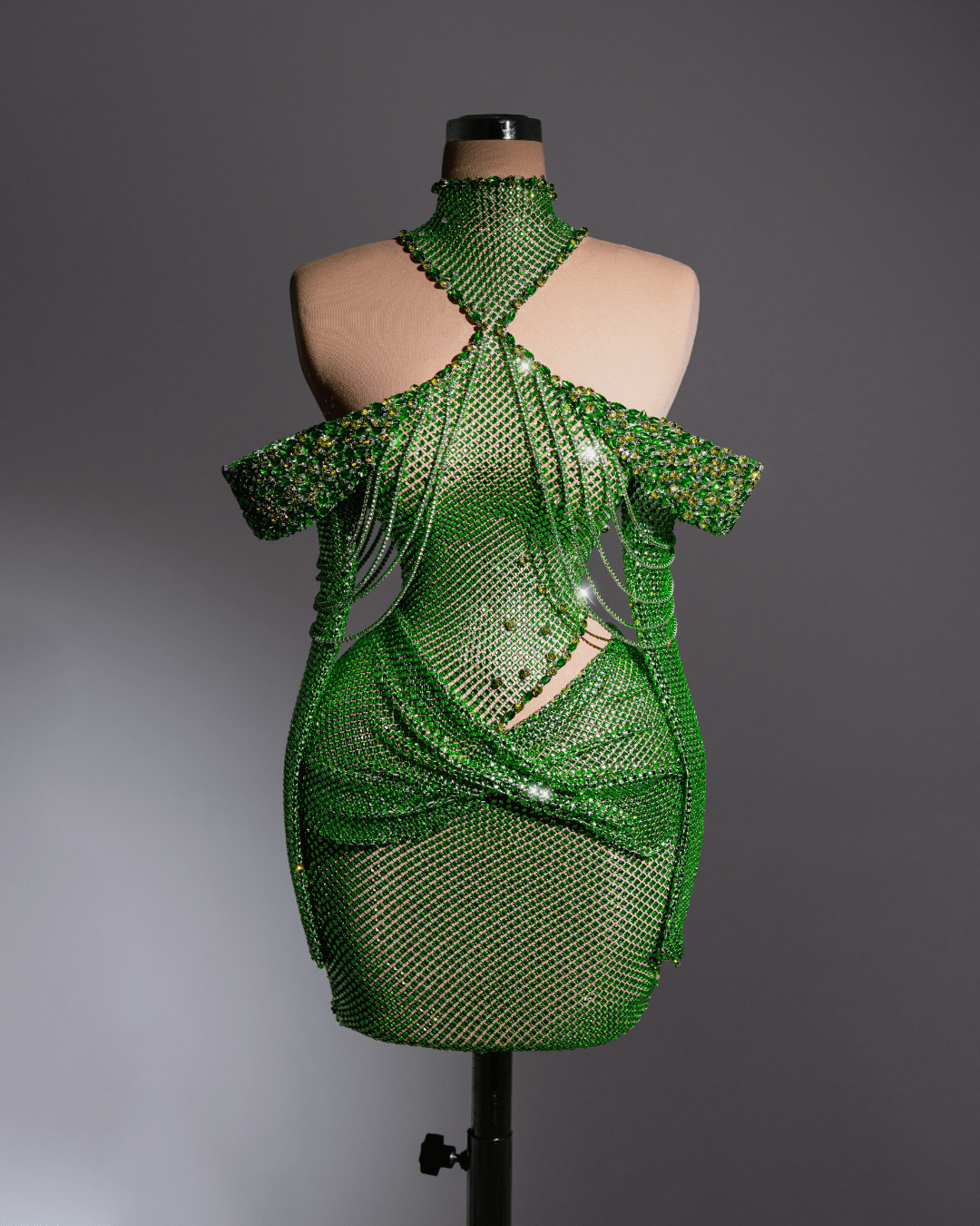 Naya Green Short Dress with Crystals and Cut - Outs - BLINI