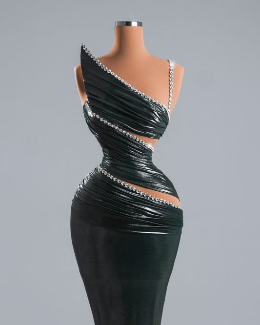 Nelea Deep Green Long Sleeveless Dress with Crystas - BLINI