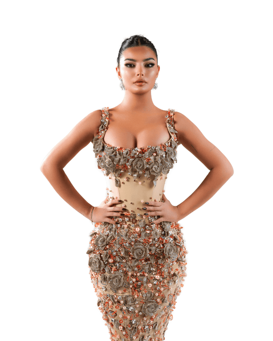 Neoene Nude Long Sleeveless Dress with Crystals and Flowers - BLINI