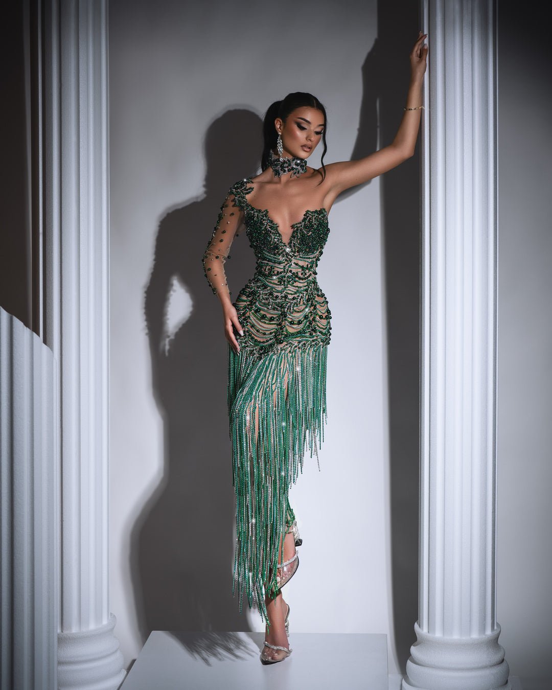 Noémie Green Dress with Tassels and Beads - BLINI
