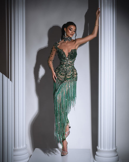 Noémie Green Dress with Tassels and Beads - BLINI