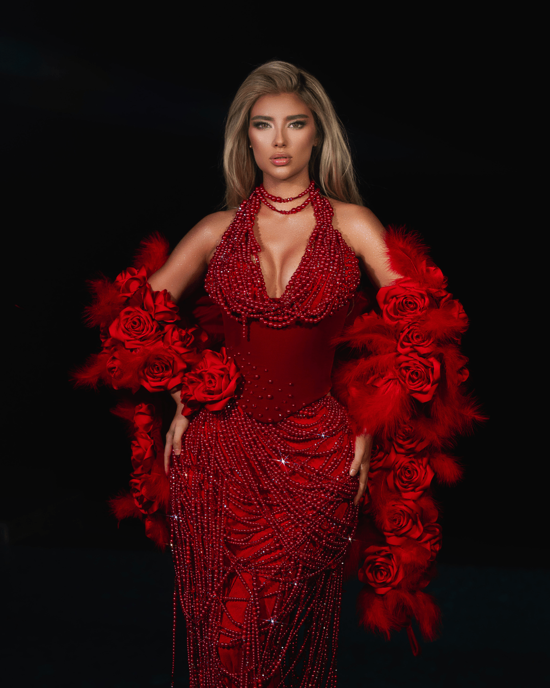 Odea Red Dress with Roses and Pearls - BLINI