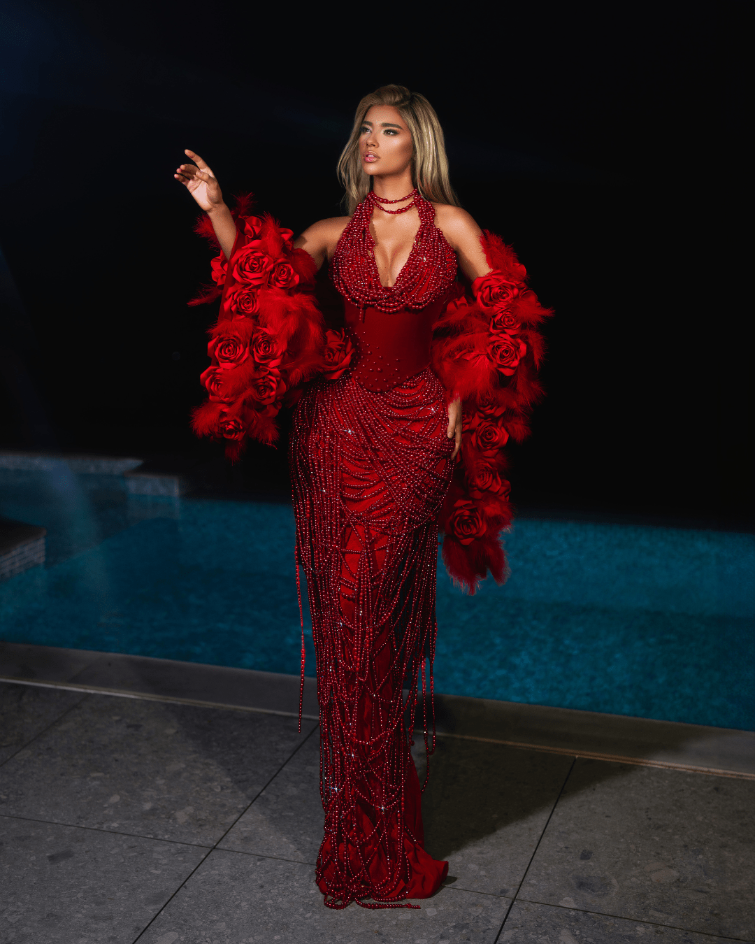 Odea Red Dress with Roses and Pearls - BLINI