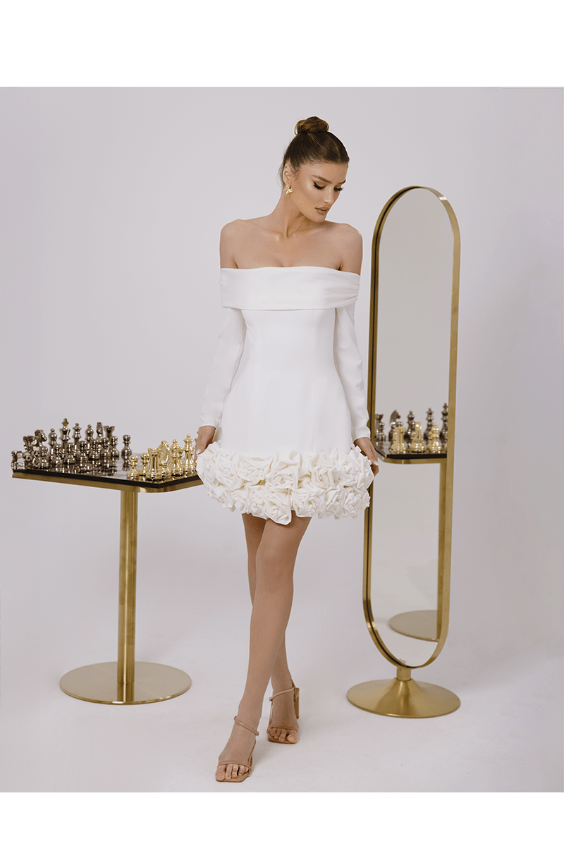 Odette White Romantic Mini Dress, Off Shoulder With Polyester Fabric - BLINI