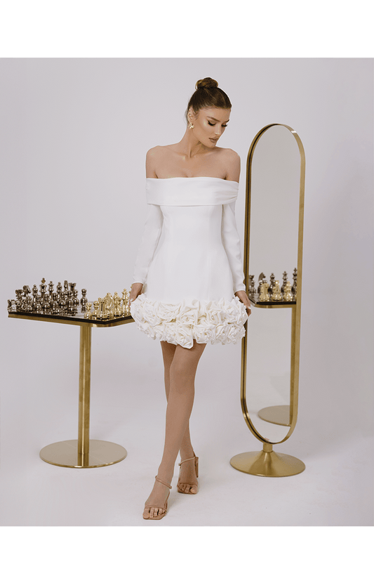 Odette White Romantic Mini Dress, Off Shoulder With Polyester Fabric - BLINI