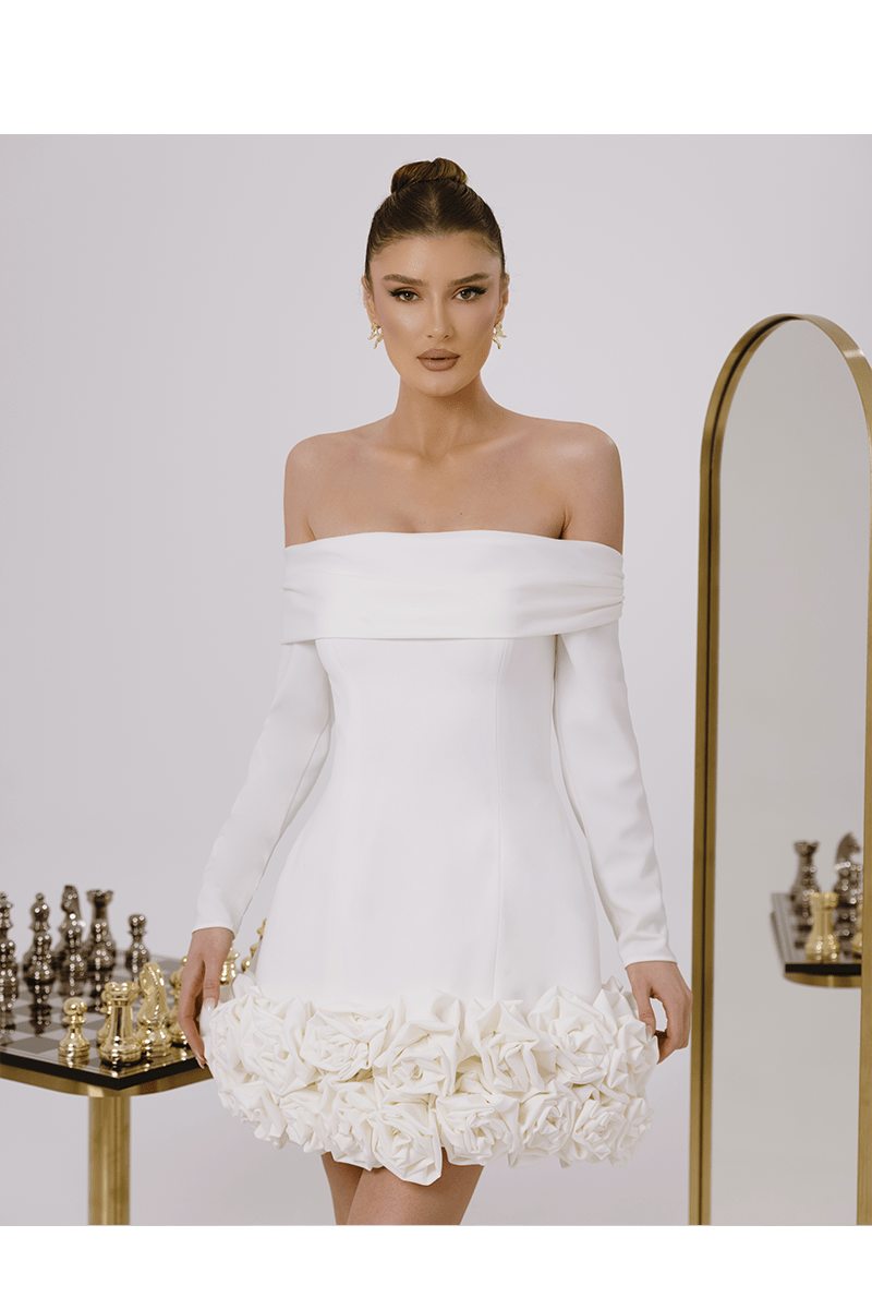 Odette White Romantic Mini Dress, Off Shoulder With Polyester Fabric - BLINI