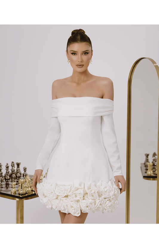 Odette White Romantic Mini Dress, Off Shoulder With Polyester Fabric - BLINI