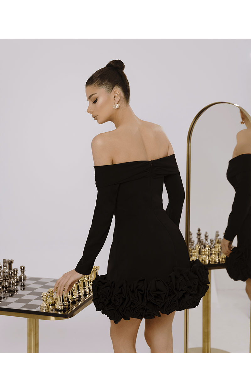 Odile Black Short Dress, Off Shoulder With Mikado Fabric - BLINI