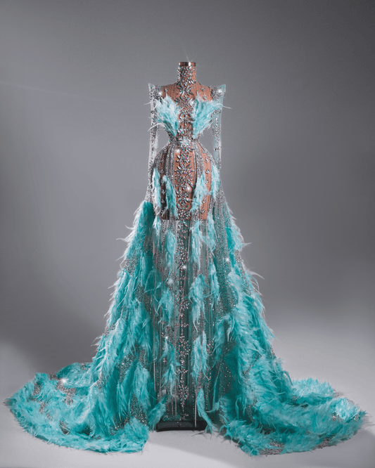 Ogea Blue Long Dress with Feathers and Crystals - BLINI