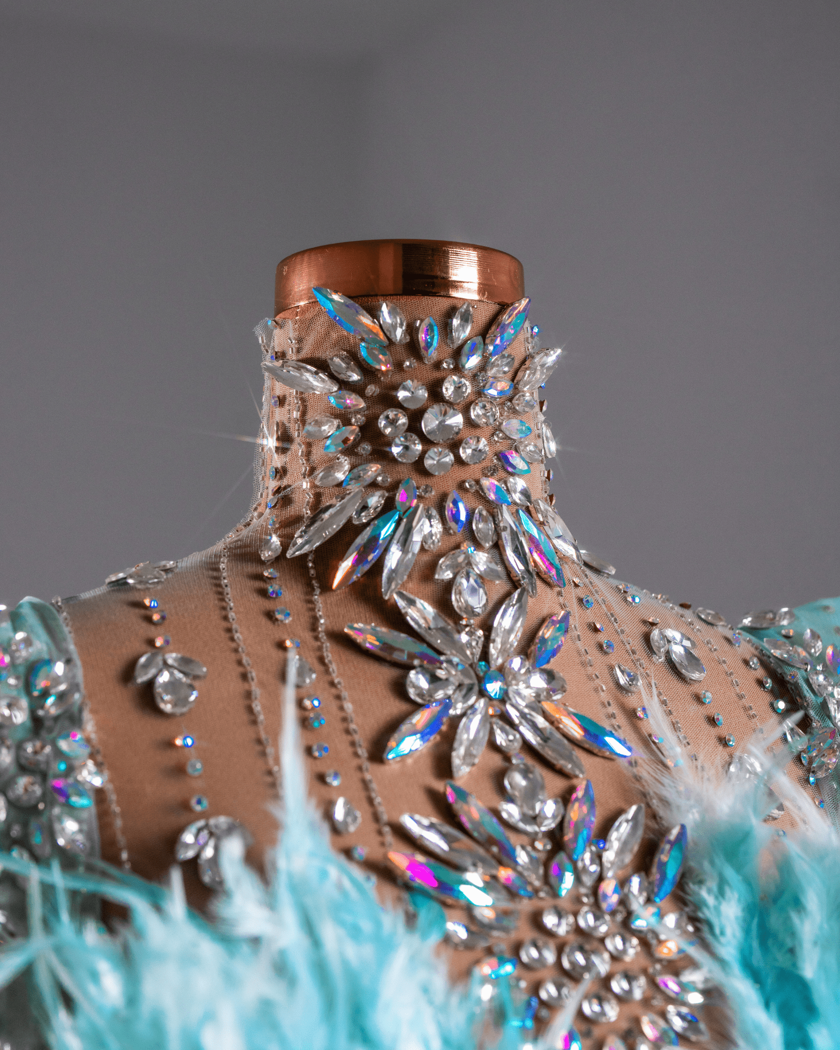 Ogea Blue Long Dress with Feathers and Crystals - BLINI