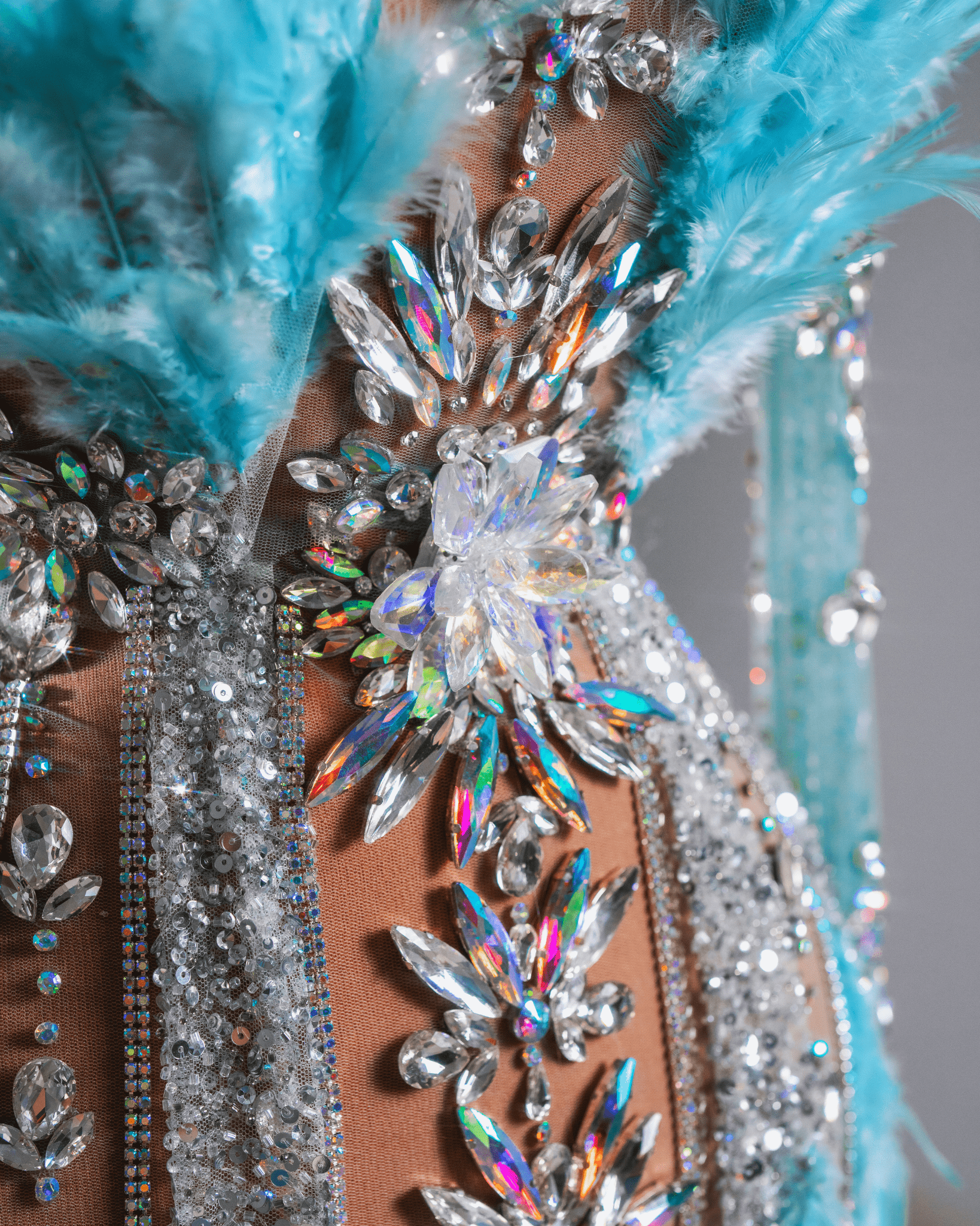 Ogea Blue Long Dress with Feathers and Crystals - BLINI