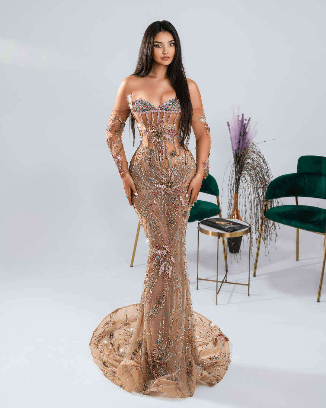 Olena Nude Long Dress with Crystals and Flowers - BLINI