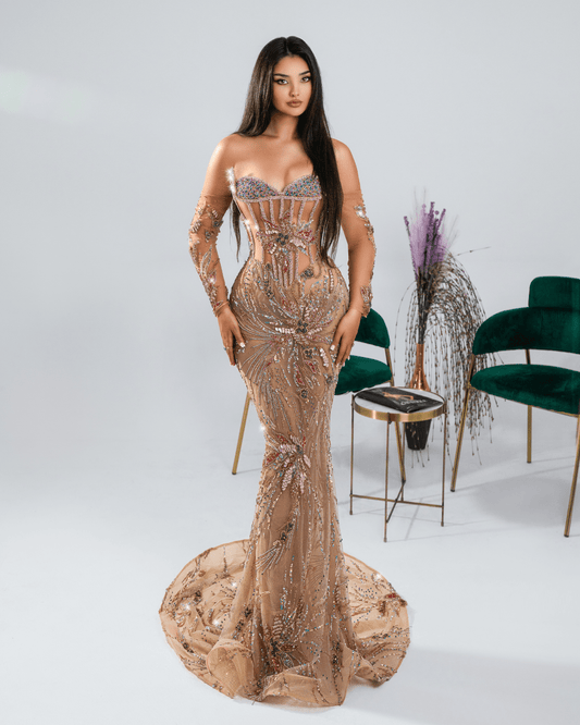 Olena Nude Long Dress with Crystals and Flowers - BLINI