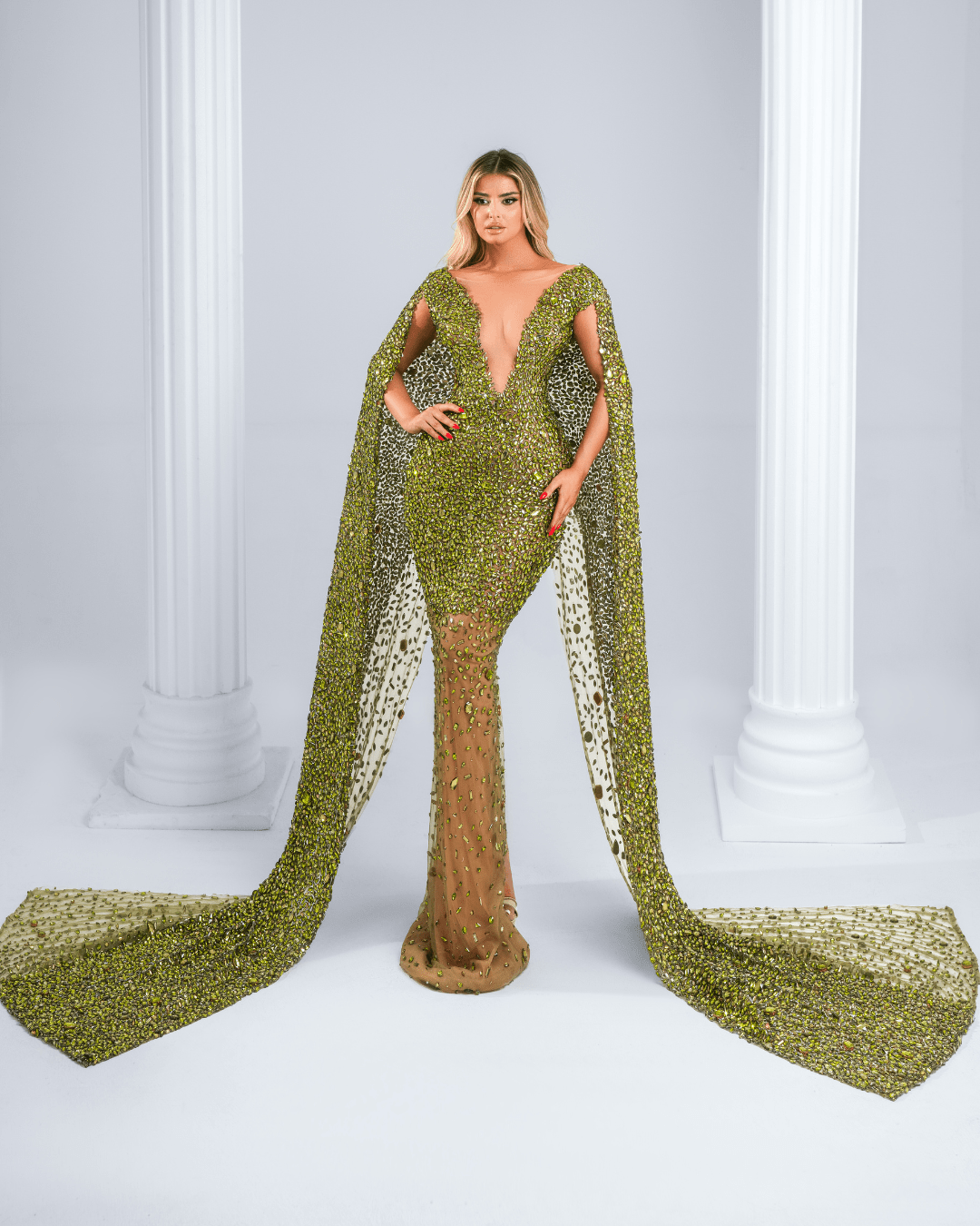 Olere Green Dress, with Crystal and Side Capes - BLINI