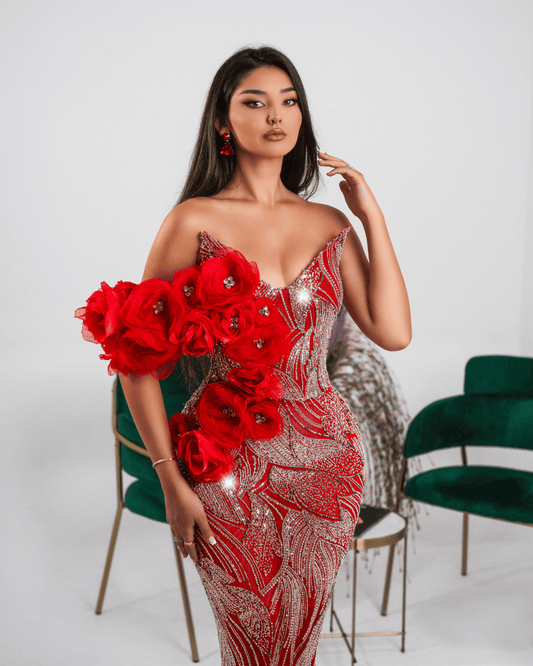 Olesia Red Long Dress with Crystals and Flowers - BLINI