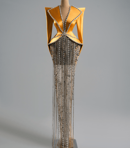 Olya Yellow Dress With Sequined And Satin Fabric - BLINI