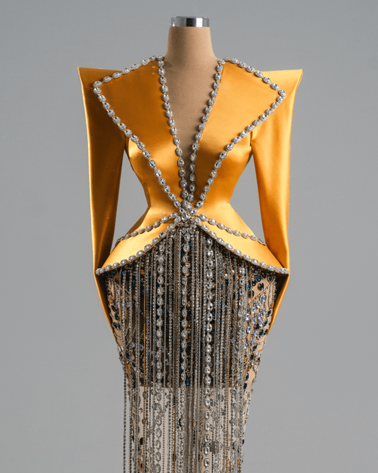 Olya Yellow Dress With Sequined And Satin Fabric - BLINI