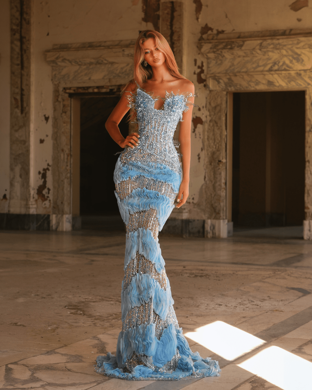 Orense Blue Mermaid Sleeveless Dress with Crystals - BLINI