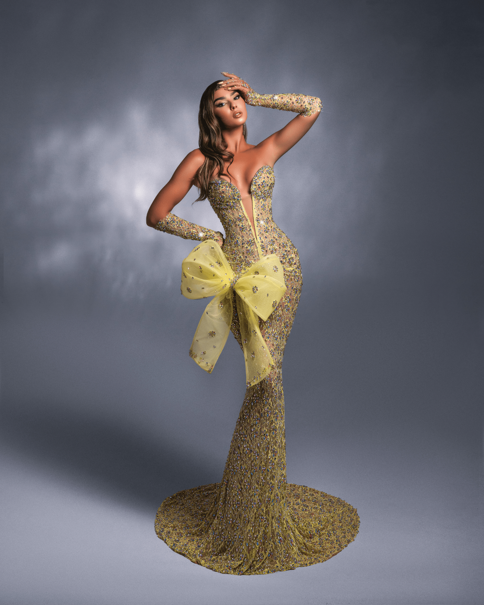 Oria Yellow Sleeveless Dress with Deep V Neck and Bow - BLINI