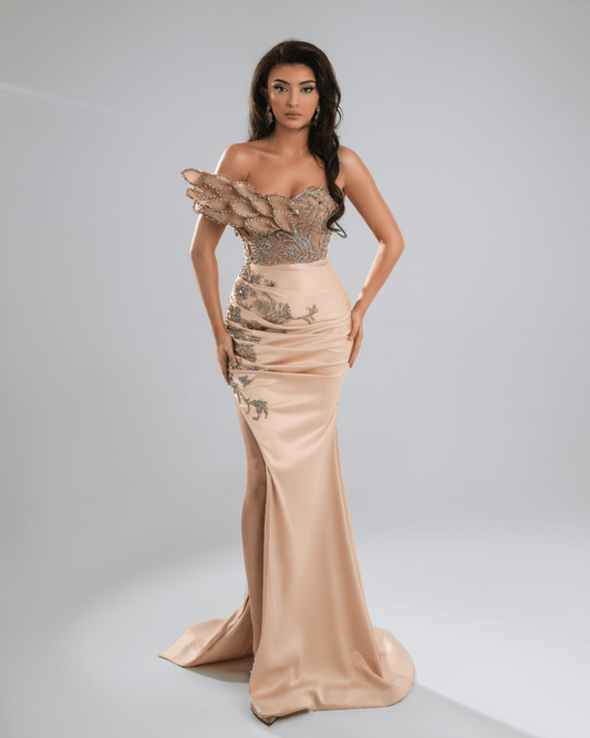 Orisea Nude Long Dress with Crystals and Feathers - BLINI