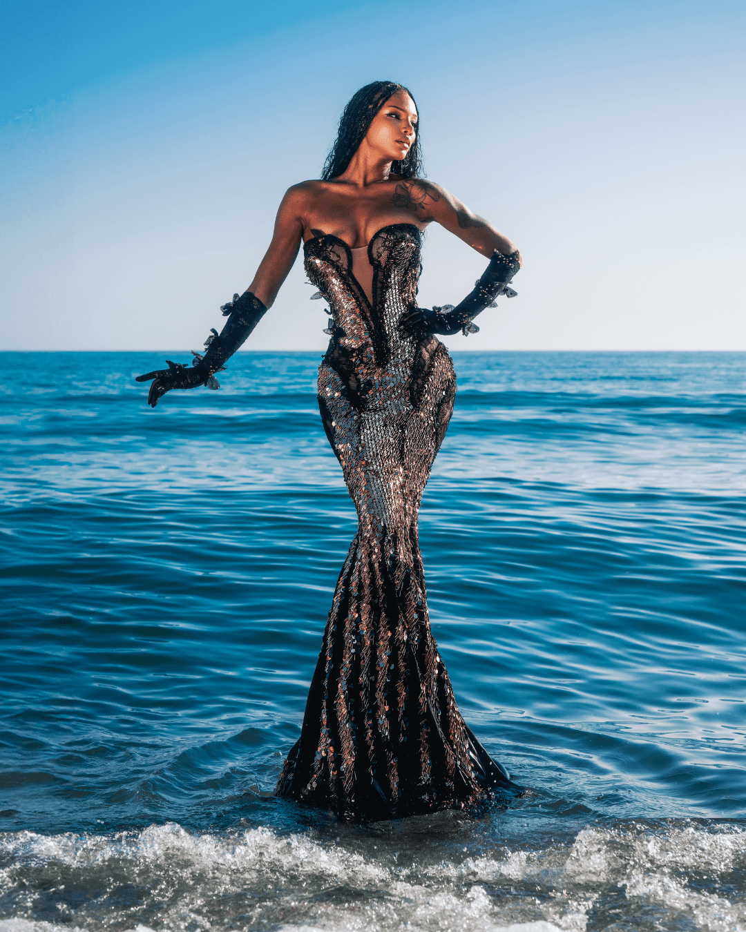 Panena Sleeveless Sequin Dress with Flowers and Gloves - BLINI