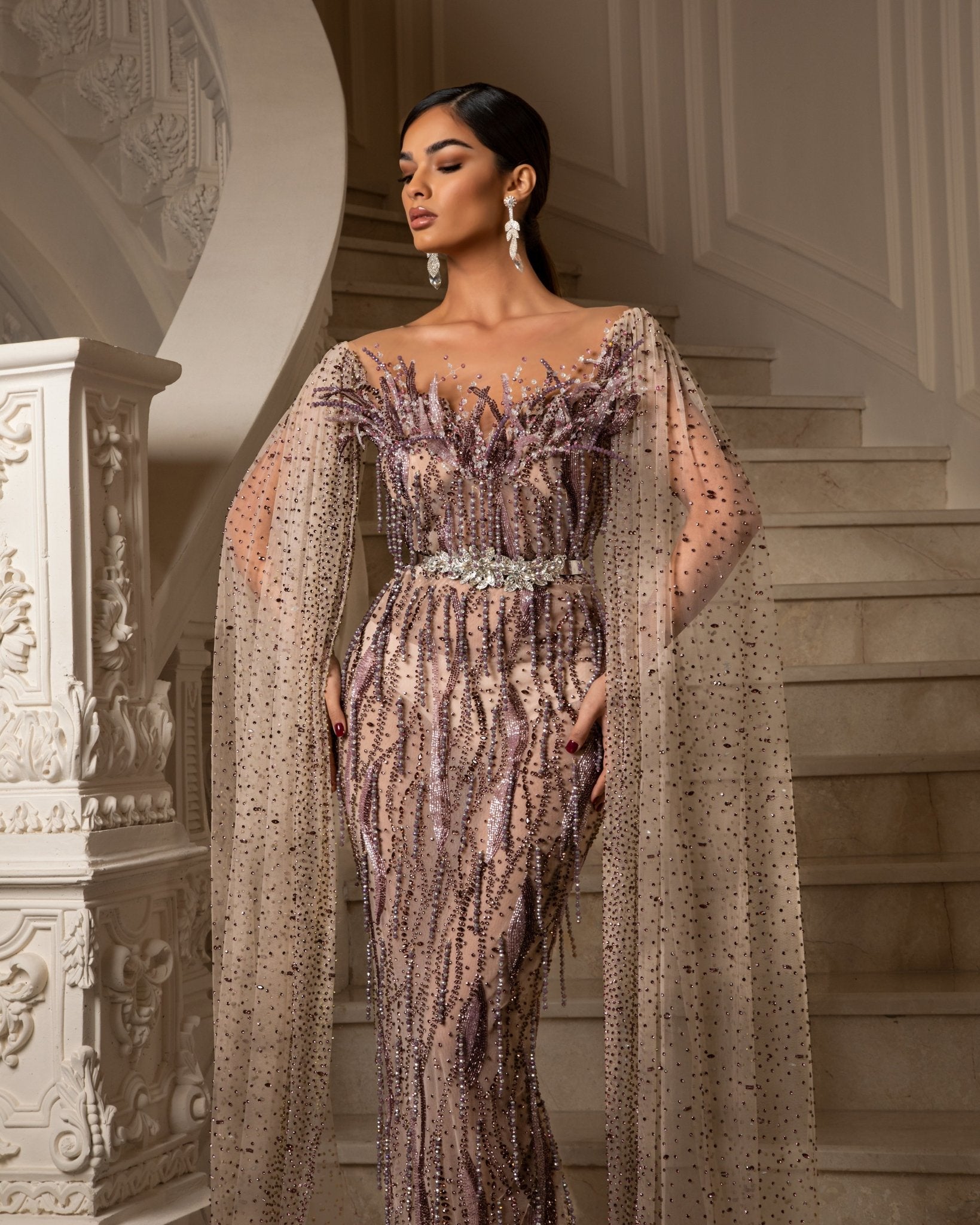 Peonia Crystal - Adorned Dress with Side Cape - BLINI
