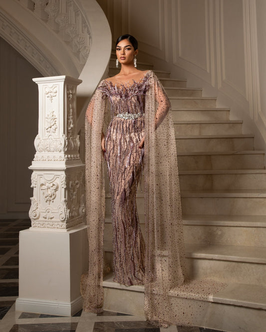 Peonia Crystal - Adorned Dress with Side Cape - BLINI