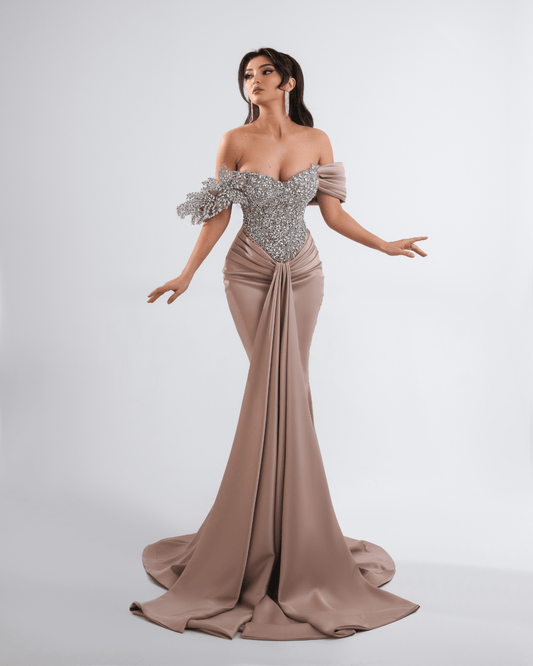 Perea Nude Long Dress with Crystals and Cape - BLINI
