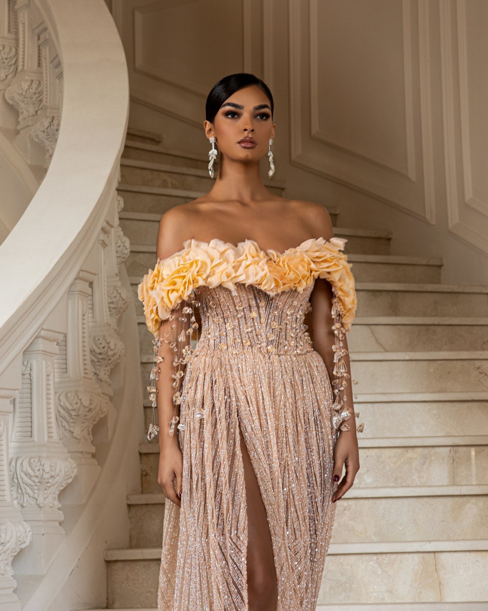 Pesca Off - Shoulder Dress with a Deep Slit and Shimmering Crystals - BLINI
