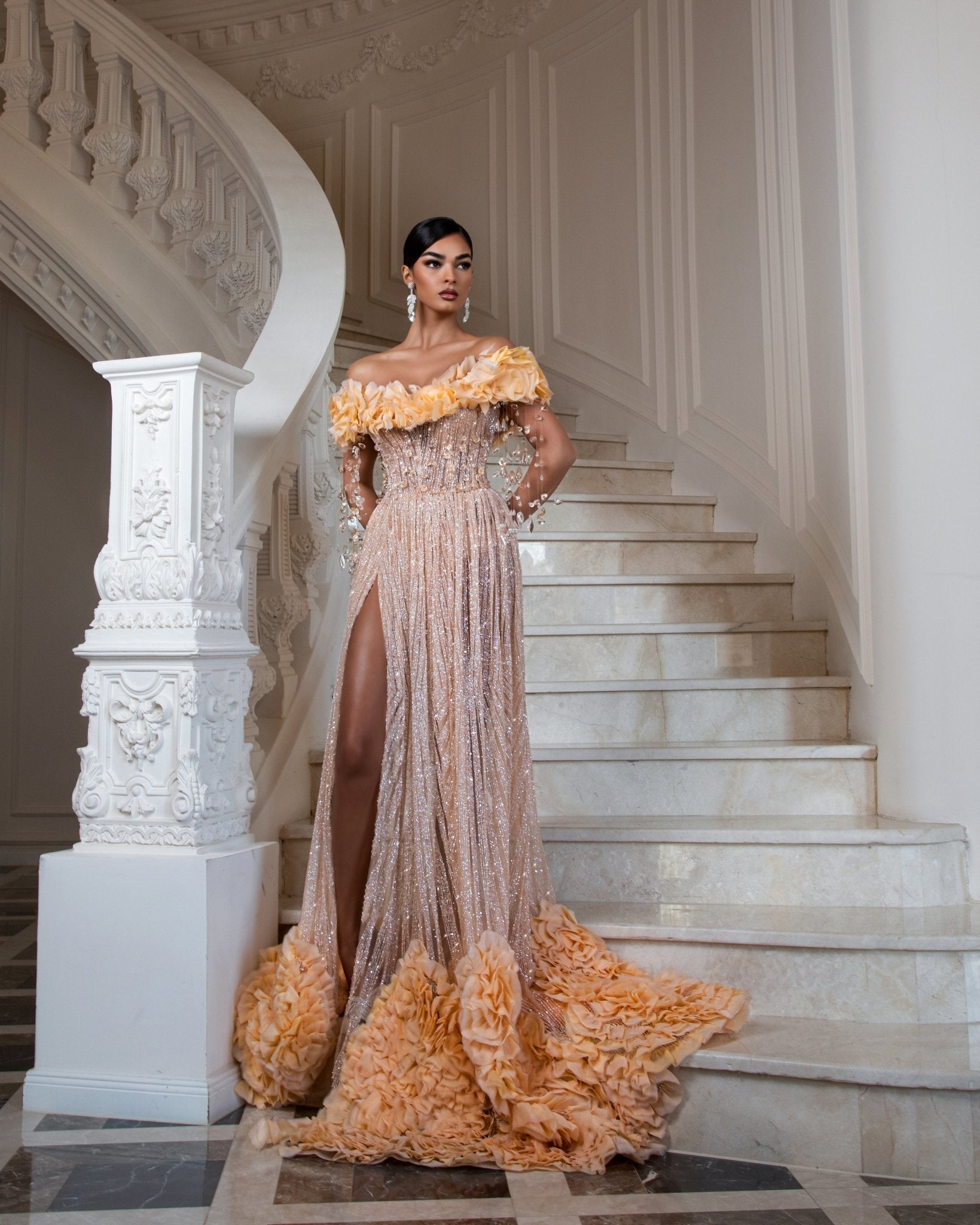 Pesca Off - Shoulder Dress with a Deep Slit and Shimmering Crystals - BLINI