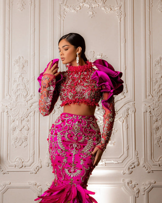 Petal Two Piece Dress Adorned with Stones and Feathers - BLINI