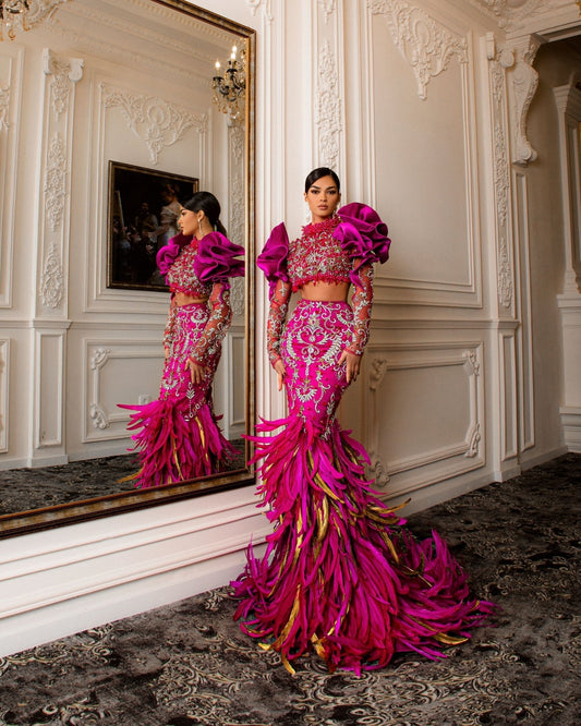 Petal Two Piece Dress Adorned with Stones and Feathers - BLINI