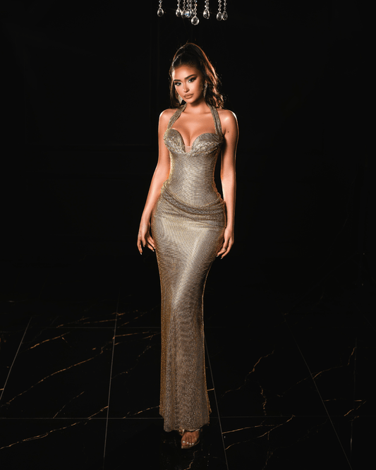 Ranea Gold Long Sleeveless Dress with Crystals - BLINI
