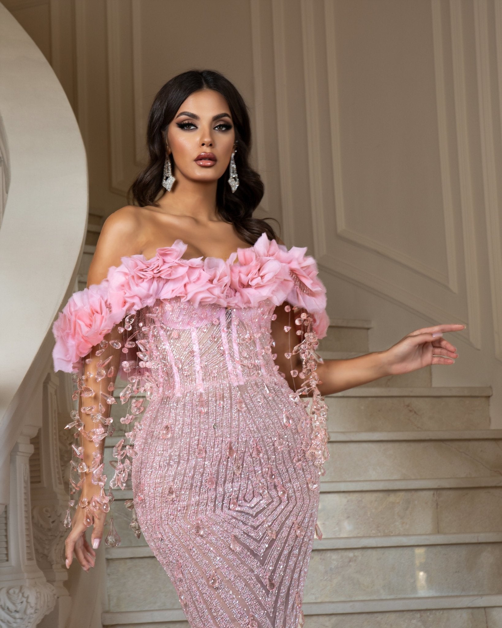 Raspberry Off - Shoulder Dress with Dazzling Crystals - BLINI