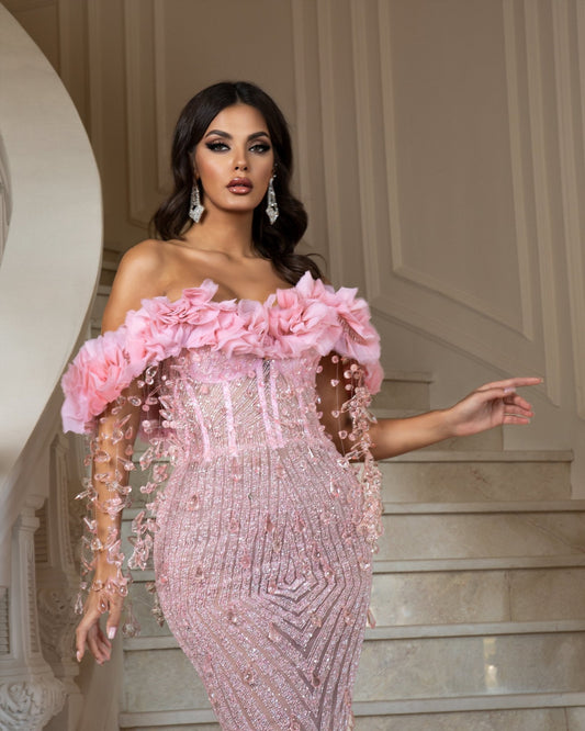 Raspberry Off - Shoulder Dress with Dazzling Crystals - BLINI