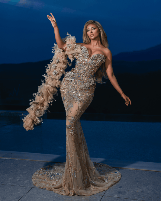 Rave Nude Dress with Cape and Flowers - BLINI