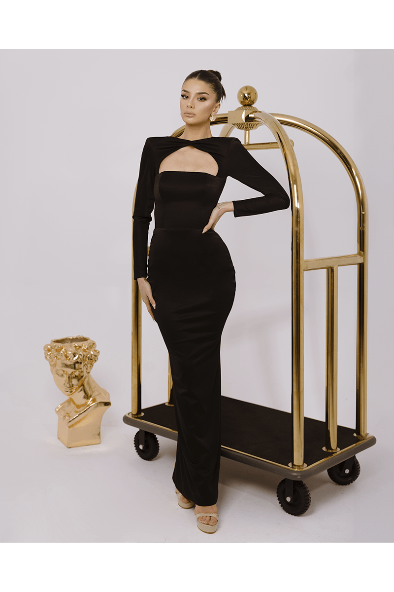 Raven Black Long Dress, Chest Cut Out With Scuba Crepe Fabric - BLINI