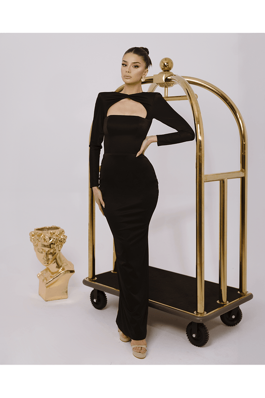 Raven Black Long Dress, Chest Cut Out With Scuba Crepe Fabric - BLINI