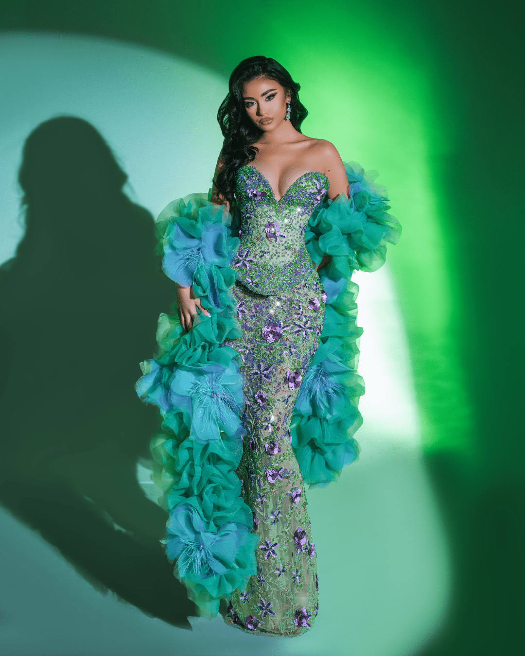 Rayal Green Long Sleeveless Dress with Crystals and Flowers - BLINI