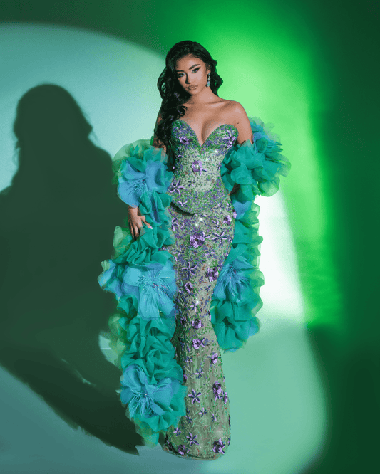 Rayal Green Long Sleeveless Dress with Crystals and Flowers - BLINI