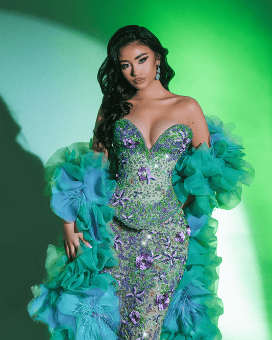 Rayal Green Long Sleeveless Dress with Crystals and Flowers - BLINI