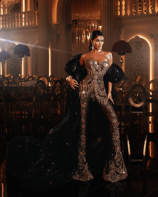 Redia Black Jumpsuits with Gold Crystals and Cape - BLINI