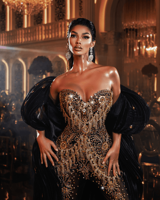 Redia Black Jumpsuits with Gold Crystals and Cape - BLINI